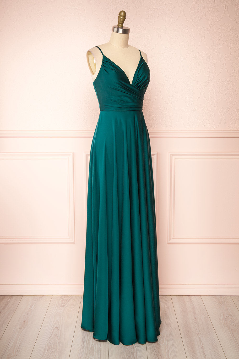 Lizza Green Satin Maxi Dress w/ Slit | Boudoir 1861 side view