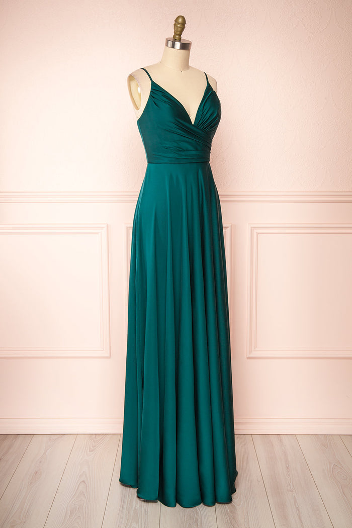 Lizza Green Satin Maxi Dress w/ Slit | Boudoir 1861