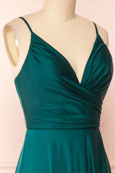 Lizza Green Satin Maxi Dress w/ Slit | Boudoir 1861 side close-up