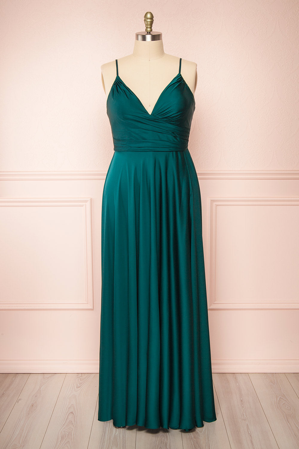 Lizza Green Satin Maxi Dress w/ Slit | Boudoir 1861 front taille plus 