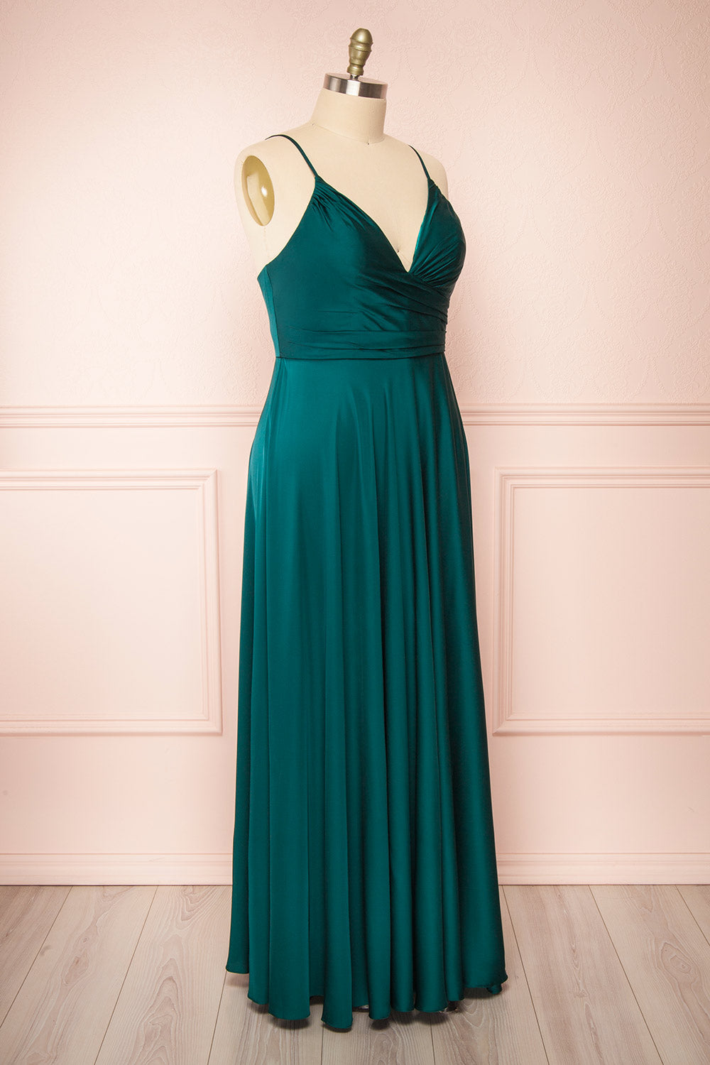 Lizza Green Satin Maxi Dress w/ Slit | Boudoir 1861 side taille plus