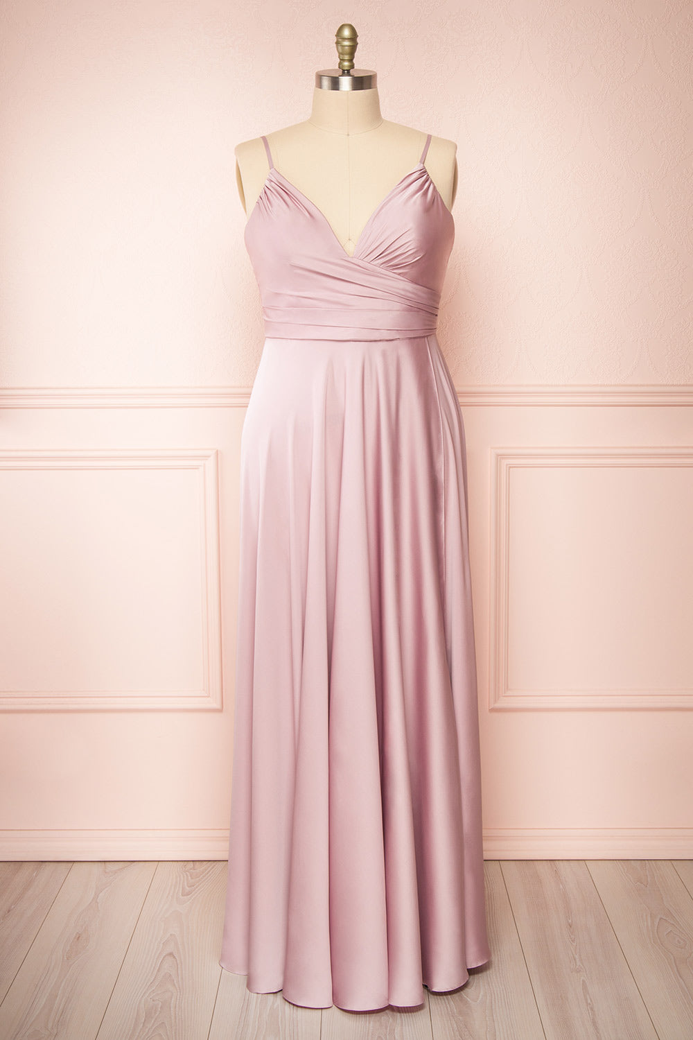 Lizza Mauve Satin Maxi Dress w/ Slit | Boudoir 1861 front plus size