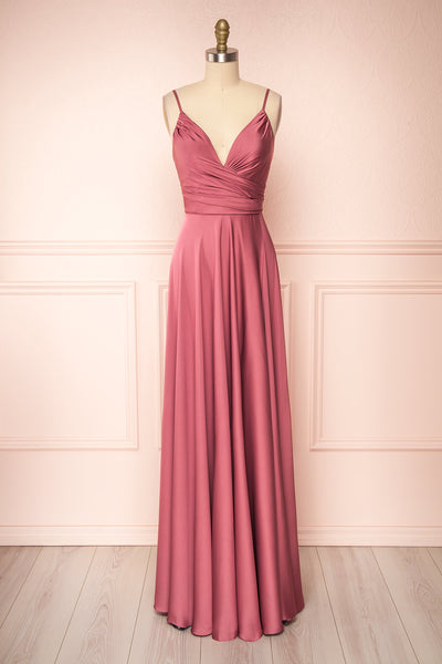 Lizza Pink Satin Maxi Dress w/ Slit | Boudoir 1861 front view