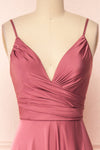 Lizza Pink Satin Maxi Dress w/ Slit | Boudoir 1861 front close-up