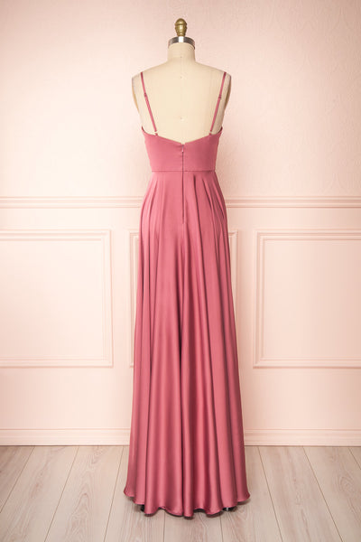 Lizza Pink Satin Maxi Dress w/ Slit | Boudoir 1861 back view
