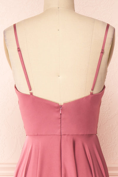 Lizza Pink Satin Maxi Dress w/ Slit | Boudoir 1861 back close-up