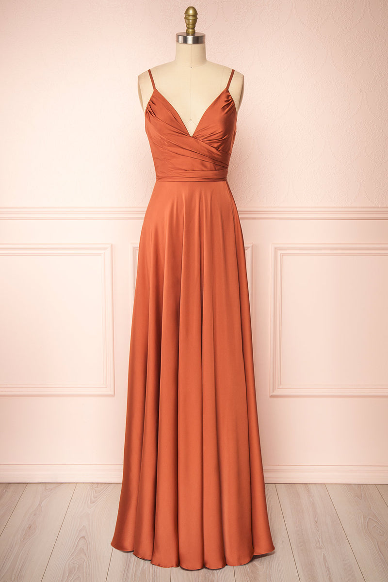 Lizza Rust Satin Maxi Dress with Slit | Boudoir 1861 Lizza Rust Satin Maxi Dress with Slit | Boudoir 1861