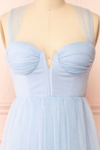 Lizzie Blue Midi Tulle Dress with Corset | Boutique 1861 front close-up