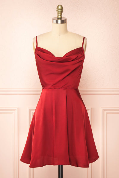 Lluvia Burgundy Short Satin A-line Dress | Boutique 1861 front view