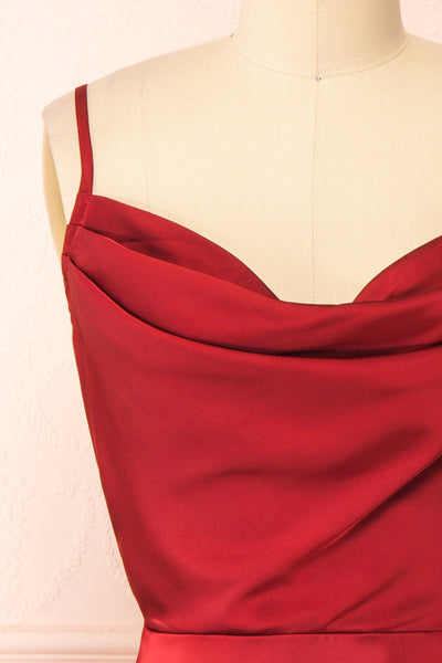 Lluvia Burgundy Short Satin A-line Dress | Boutique 1861 front close-up
