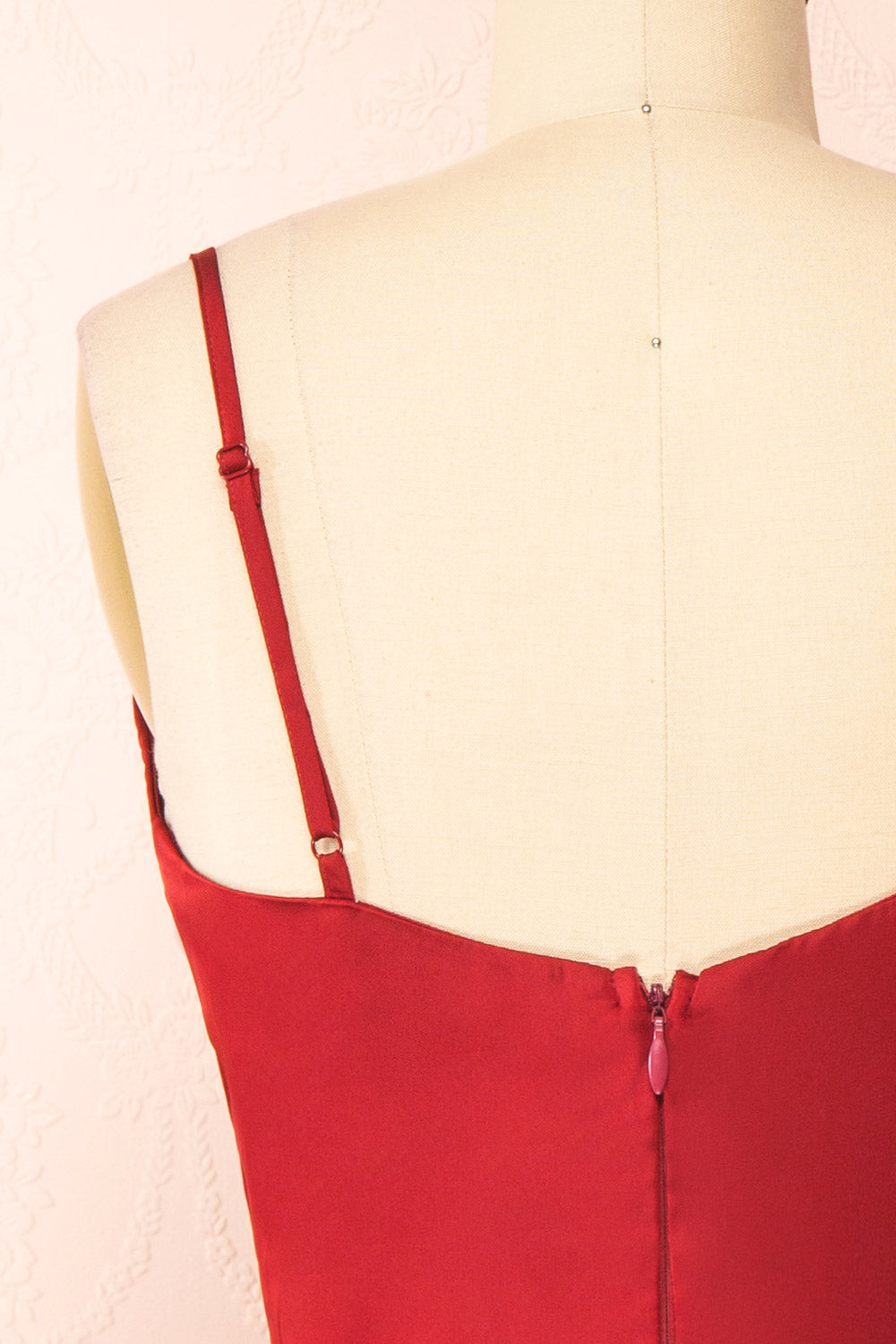 Lluvia Burgundy Short Satin A-line Dress | Boutique 1861 back close-up
