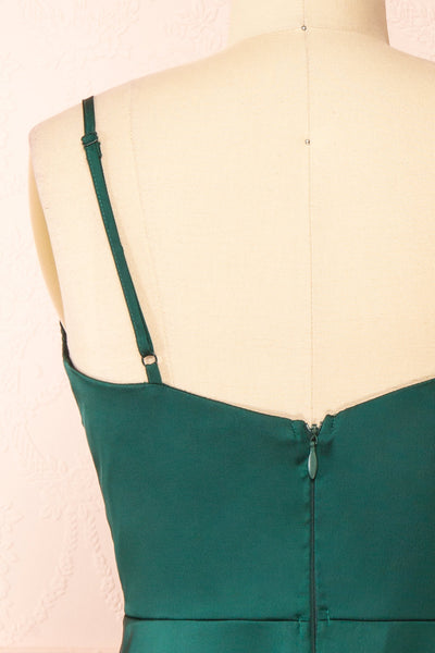 Lluvia Green Short Silky A-line Dress | Boutique 1861 back close-up