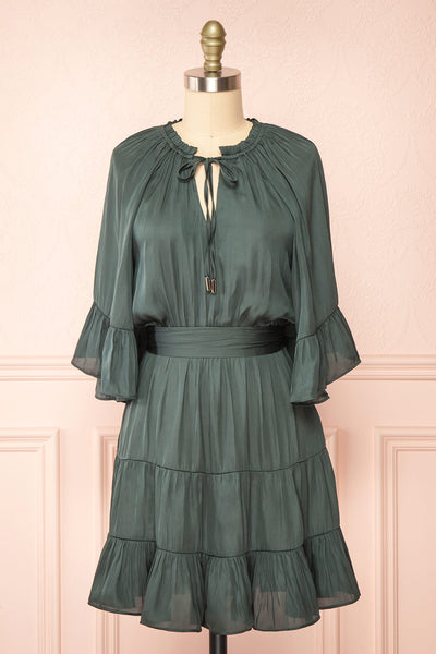 Loana Green Short Dress w/ Ruffles | Boutique 1861  front view