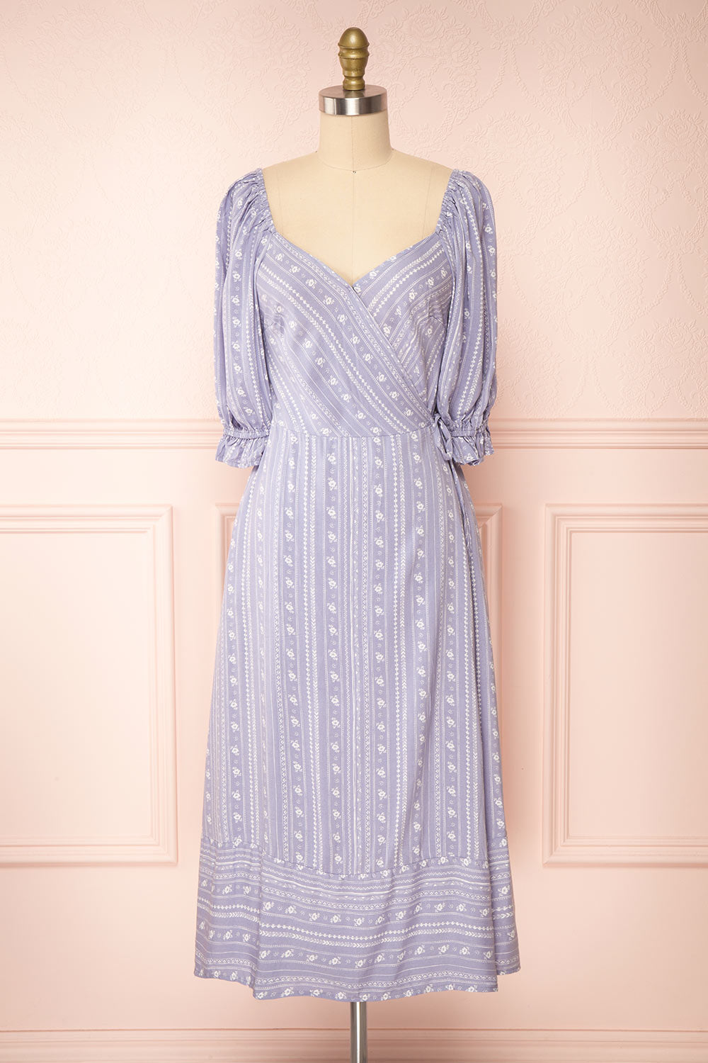 Lorainne Blue Puffed Sleeved Wrap Midi Dress | Boutique 1861 front view