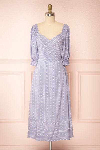 Lorainne Blue Puffed Sleeved Wrap Midi Dress | Boutique 1861 front view