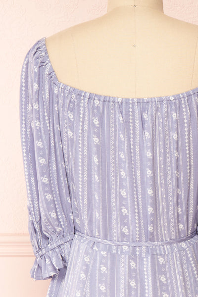 Lorainne Blue Puffed Sleeved Wrap Midi Dress | Boutique 1861 back close-up