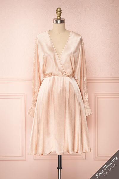 Loralyn Pink Satin Party Dress | Robe front view FS | Boutique 1861