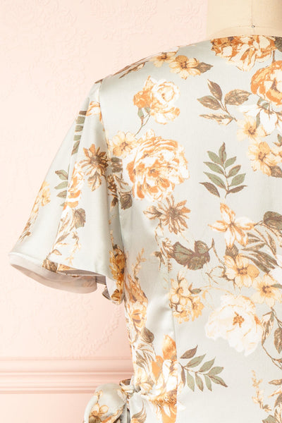 Lorene Short Sleeve Floral Wrap Dress | Boutique 1861 back close-up