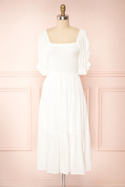 Lorette White Layered Midi Dress w/ Puffy Sleeves | Boutique 1861 front view