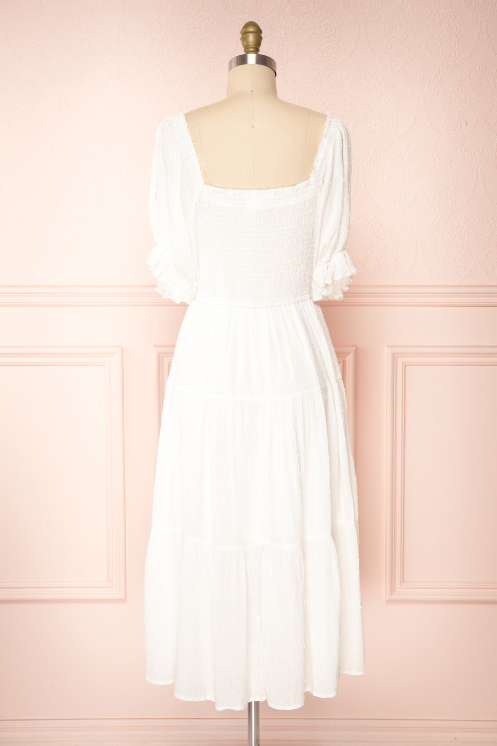 Lorette White Layered Midi Dress w/ Puffy Sleeves | Boutique 1861 back view