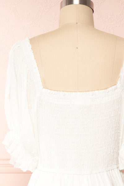 Lorette White Layered Midi Dress w/ Puffy Sleeves | Boutique 1861 back close up