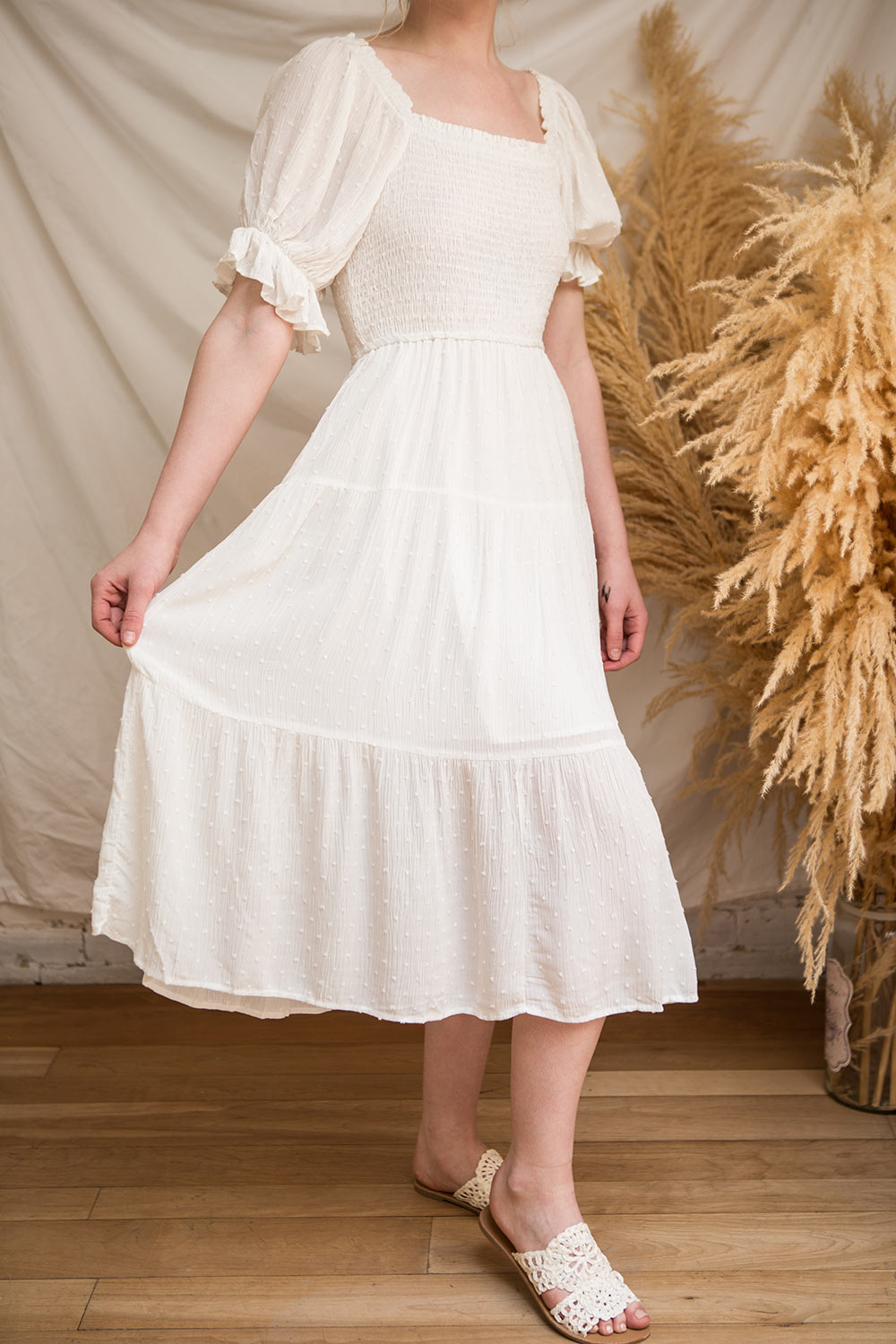Lorette White Layered Midi Dress w/ Puffy Sleeves | Boutique 1861 on model