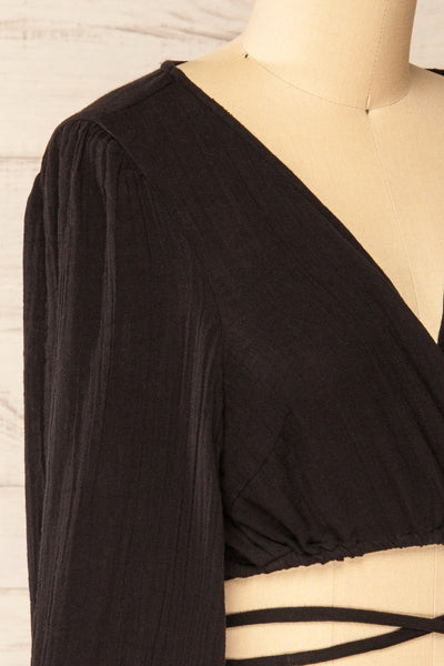 Lormont Black Waist Tie Crop Top | La petite garçonne side close-up
