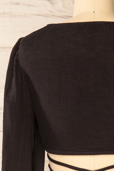 Lormont Black Waist Tie Crop Top | La petite garçonne back close-up