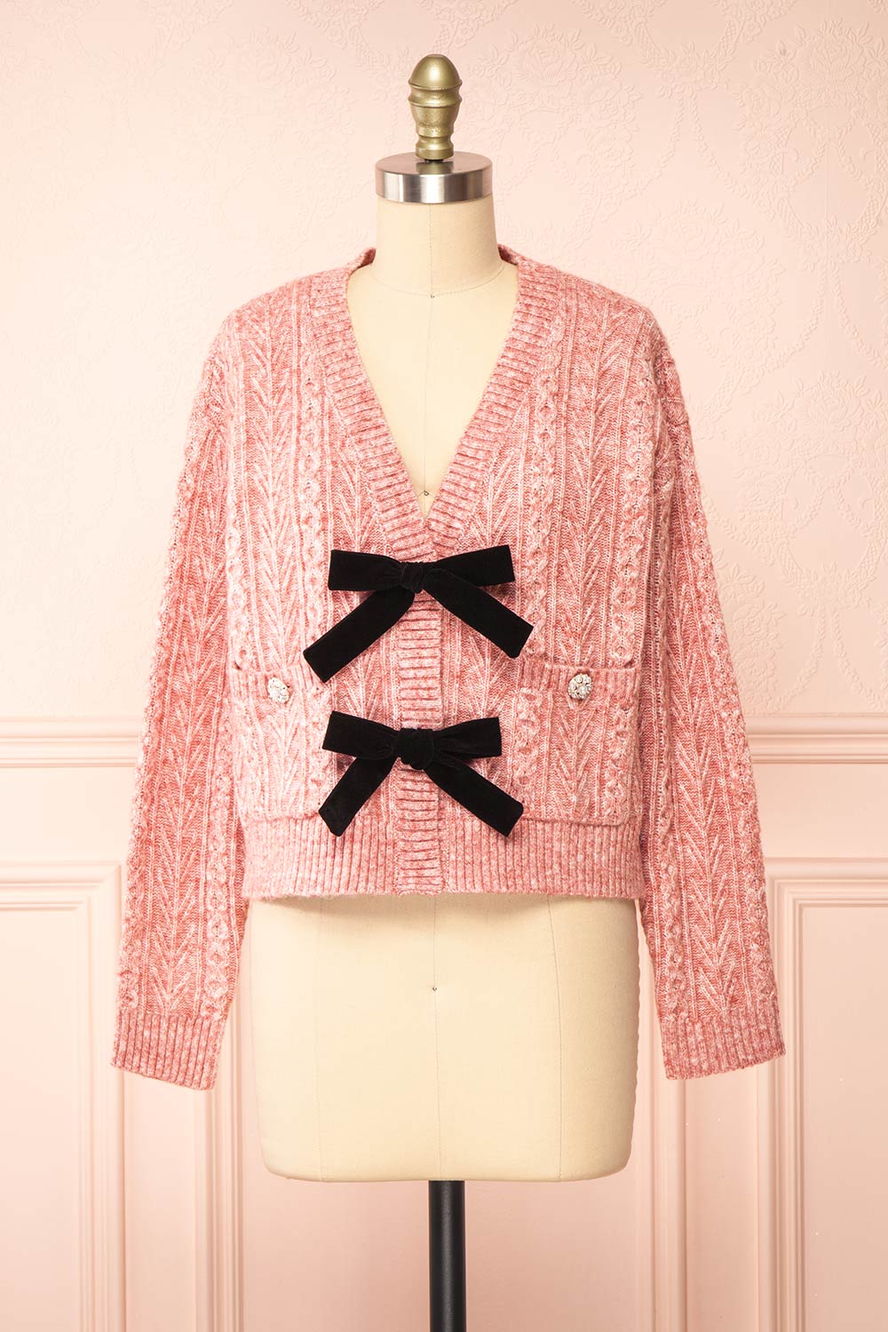 Loukia Pink Cropped Knit Cardigan w/ Bow Detail | Boutique 1861 front view