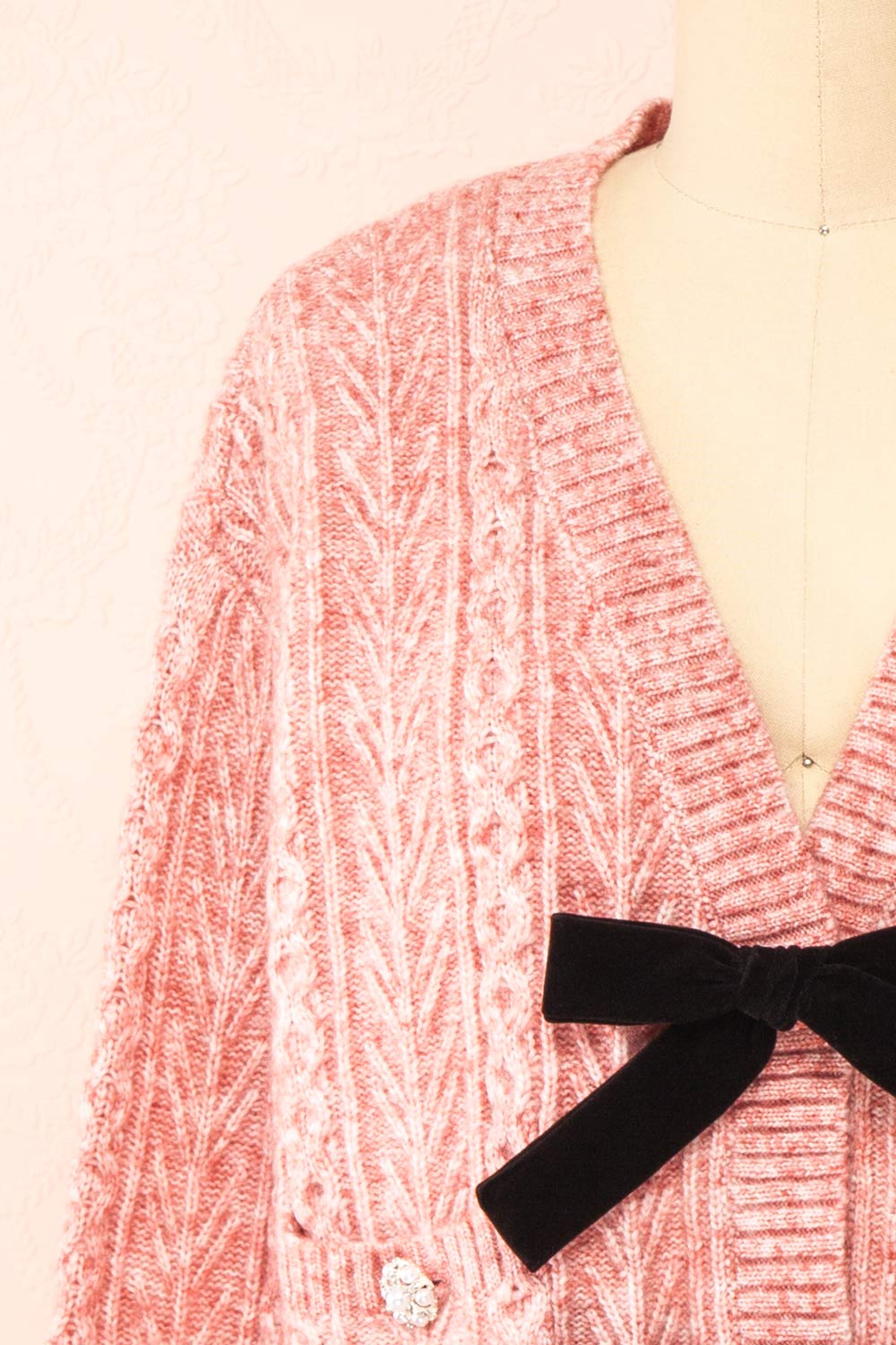 Loukia Pink Cropped Knit Cardigan w/ Bow Detail | Boutique 1861 front close-up