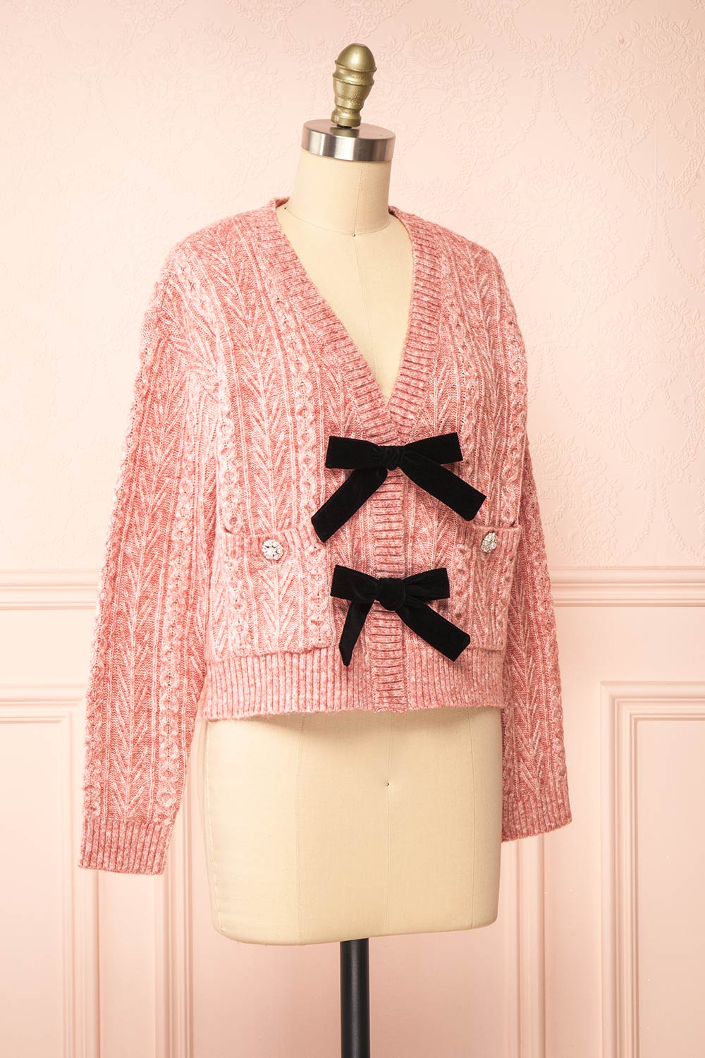 Loukia Pink Cropped Knit Cardigan w/ Bow Detail | Boutique 1861 side view