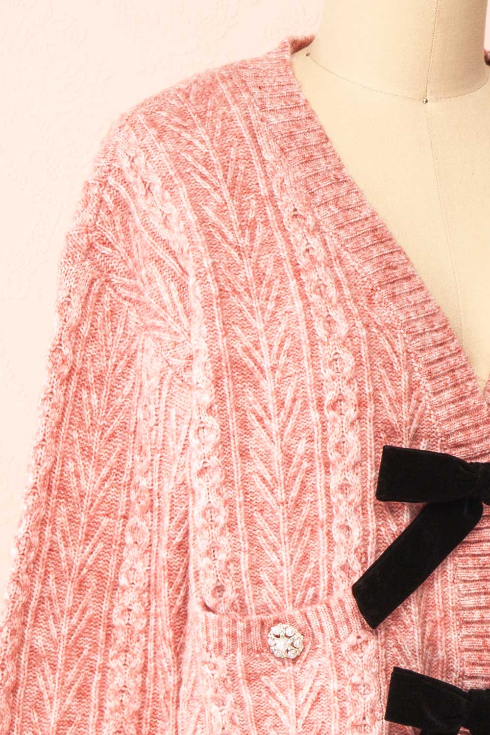 Loukia Pink Cropped Knit Cardigan w/ Bow Detail | Boutique 1861 side close-up