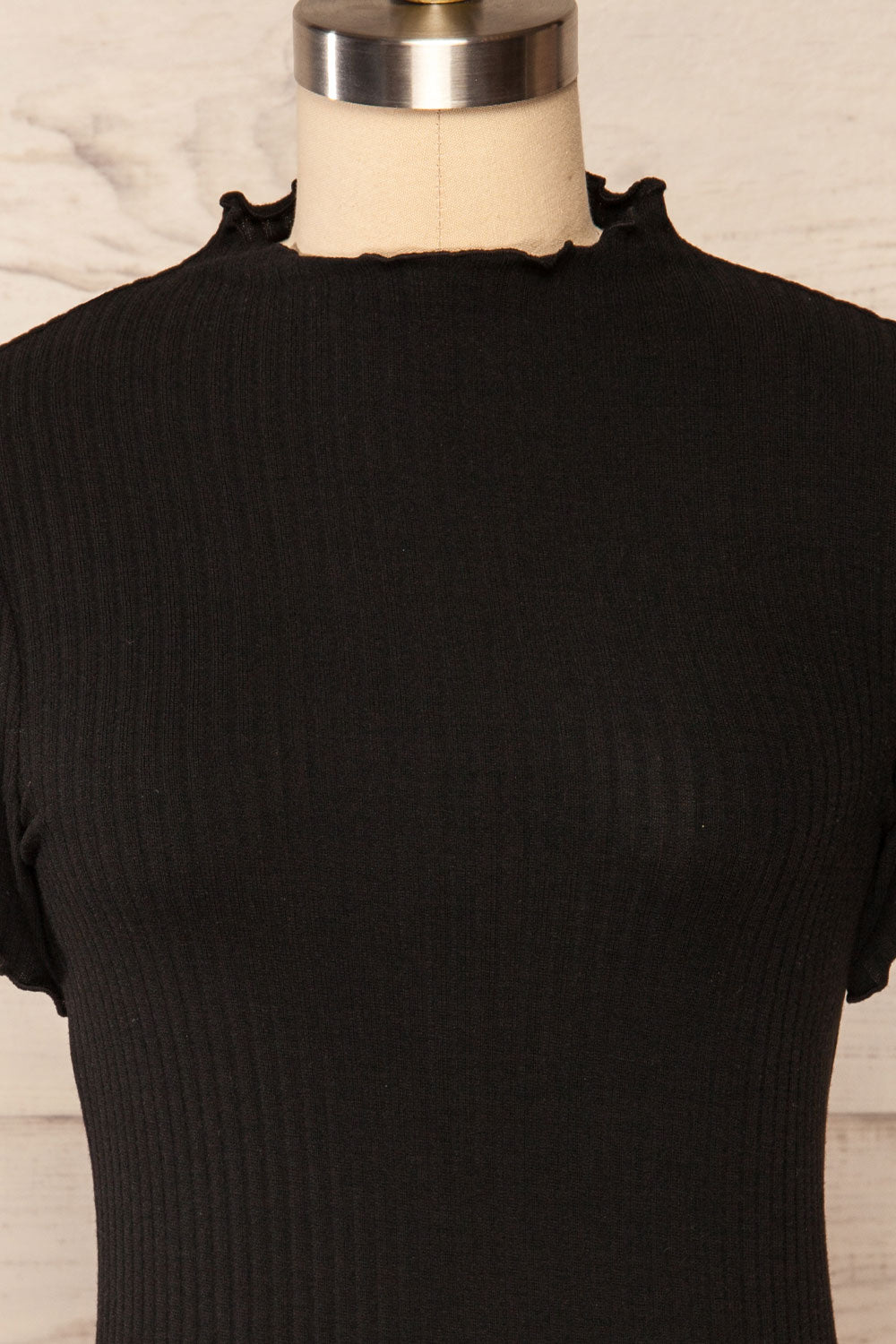 Loula Black Ribbed Frill-Trimmed Crop Top | La petite garçonne front close up