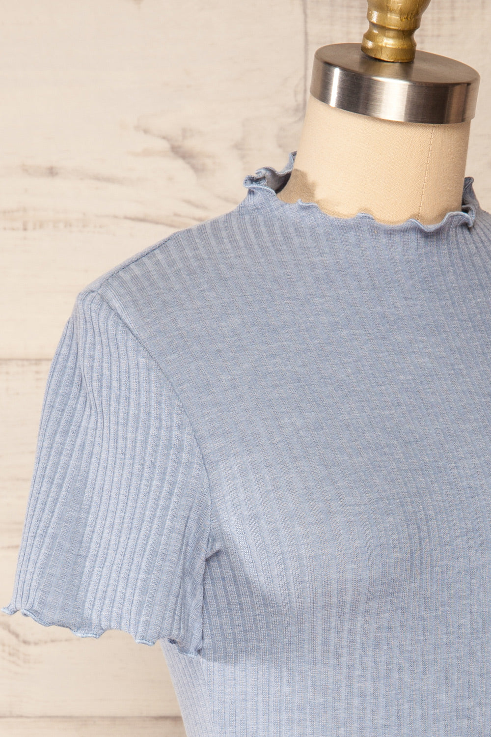 Loula Blue Ribbed Frill-Trimmed Crop Top | La petite garçonne side close up