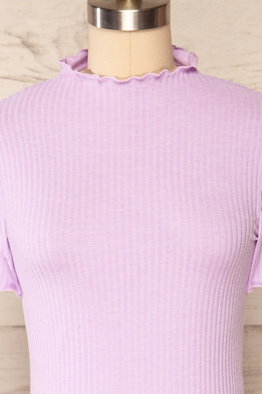 Loula Lilac Ribbed Frill-Trimmed Crop Top | La petite garçonne front close up