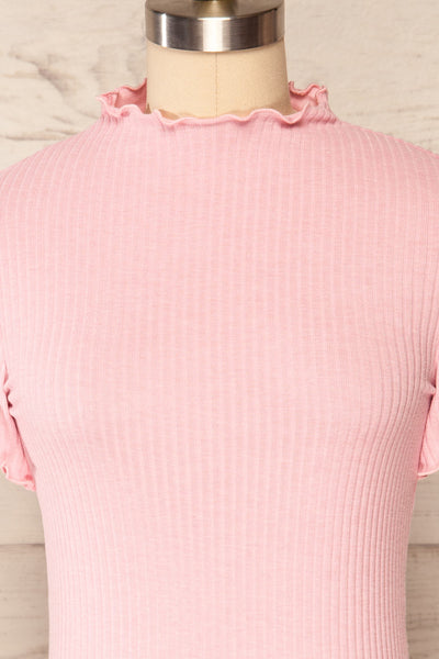 Loula Pink Ribbed Frill-Trimmed Crop Top | La petite garçonne front close up