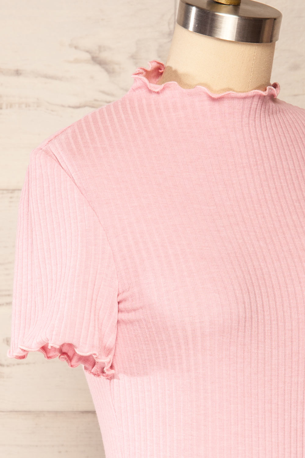 Loula Pink Ribbed Frill-Trimmed Crop Top | La petite garçonneside close up