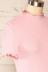 Loula Pink Ribbed Frill-Trimmed Crop Top | La petite garçonneside close up