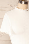 Loula White Ribbed Frill-Trimmed Crop Top | La petite garçonne side close up