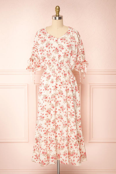 Lucretia Beige V-Neck Floral Midi Dress w/ Buttons | Boutique 1861 front view