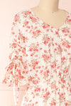 Lucretia Beige V-Neck Floral Midi Dress w/ Buttons | Boutique 1861 side close-up