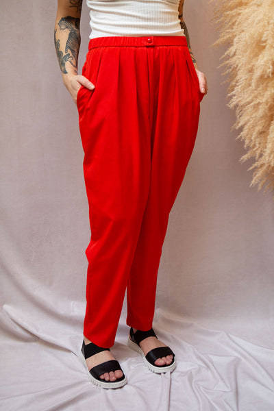 Ludza Red Silky High-Waisted Pants | La petite garçonne on model