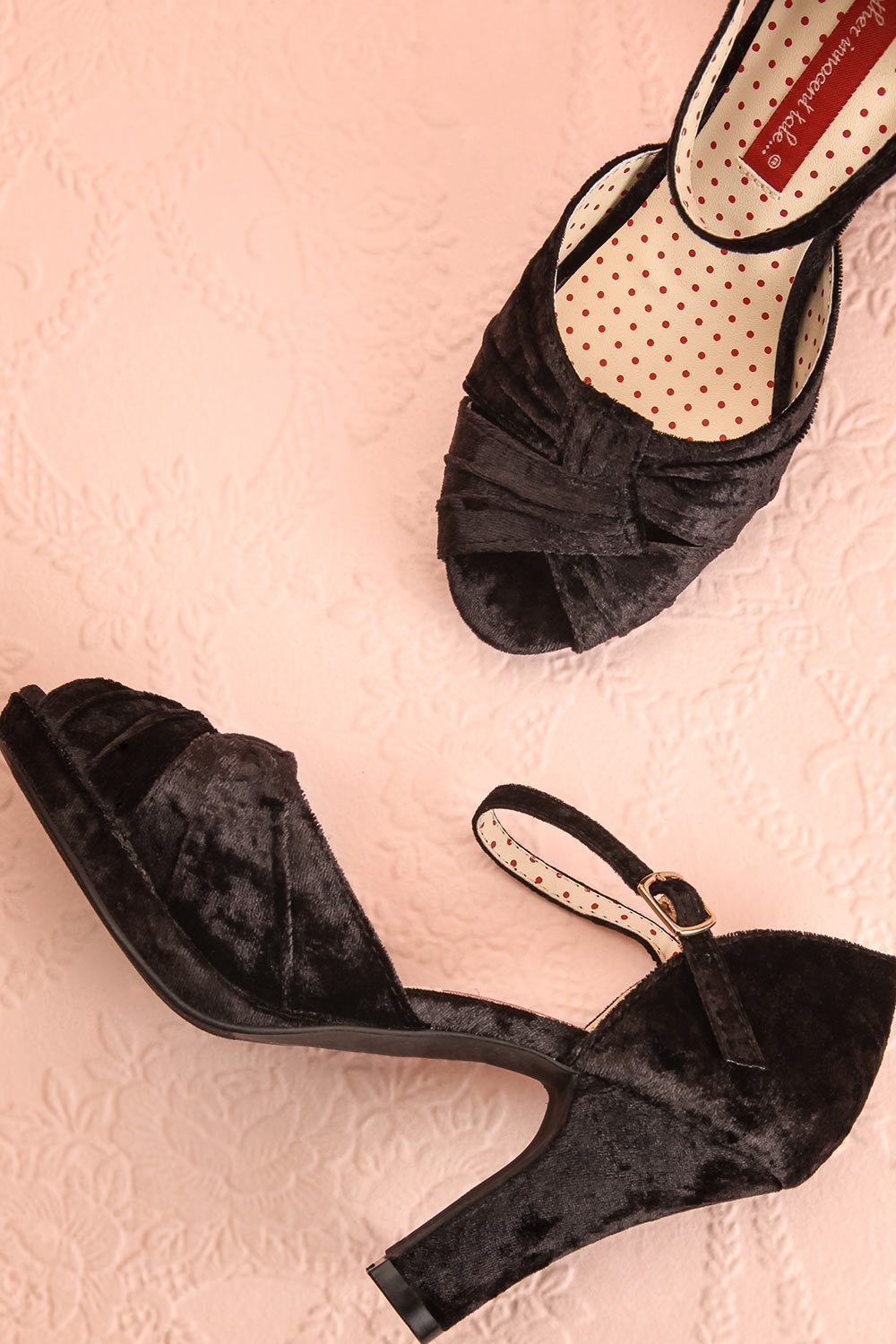 Luella Onyx Black Velvet Retro Peep-Toe Heels | Boutique 1861