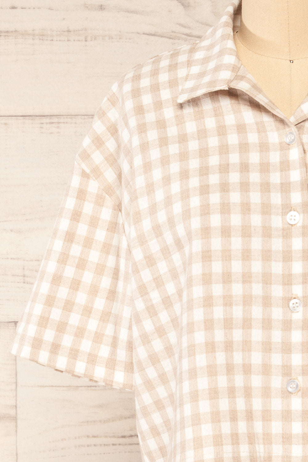 Lugaa Short Sleeve Gingham Print Button-Up Shirt | La petite garçonne front close-up