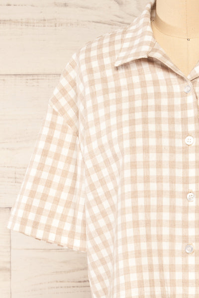 Lugaa Short Sleeve Gingham Print Button-Up Shirt | La petite garçonne front close-up