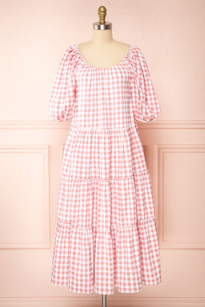 Lura Tiered Gingham Print Midi Dress w/ Puff Sleeves | Boutique 1861 front view