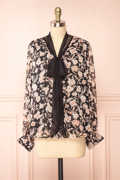 Lydia Black Floral Chiffon Blouse w/ Bow Collar | Boutique 1861 front view
