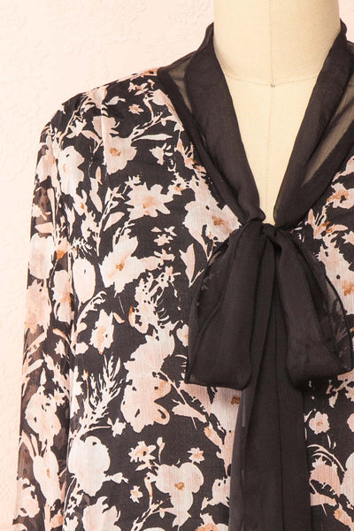 Lydia Black Floral Chiffon Blouse w/ Bow Collar | Boutique 1861 front close-up