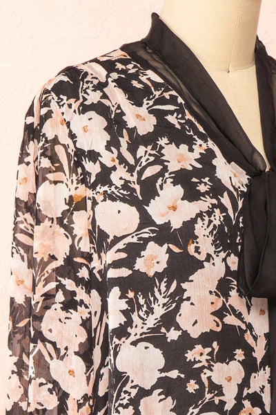 Lydia Black Floral Chiffon Blouse w/ Bow Collar | Boutique 1861 side close-up