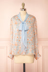 Lydia Blue Floral Chiffon Blouse w/ Bow Collar | Boutique 1861 front view